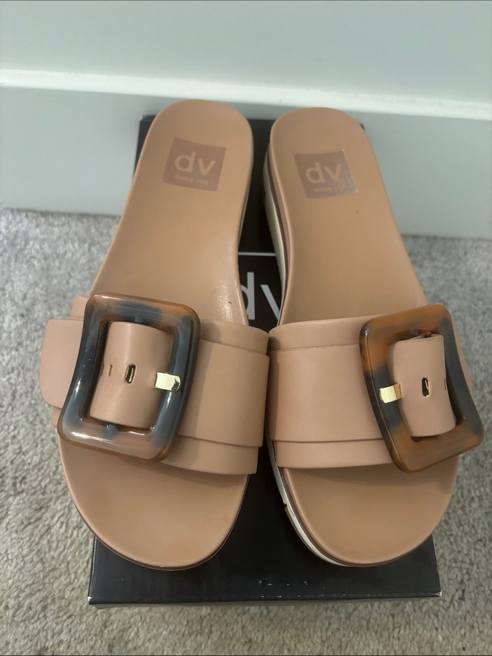 Dolce Vita Nude Slide Sandals with Tortoiseshell Buckle